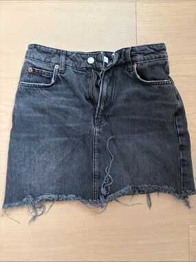 Topshop Black Washed Denim Mini Skirt with Frayed Hem